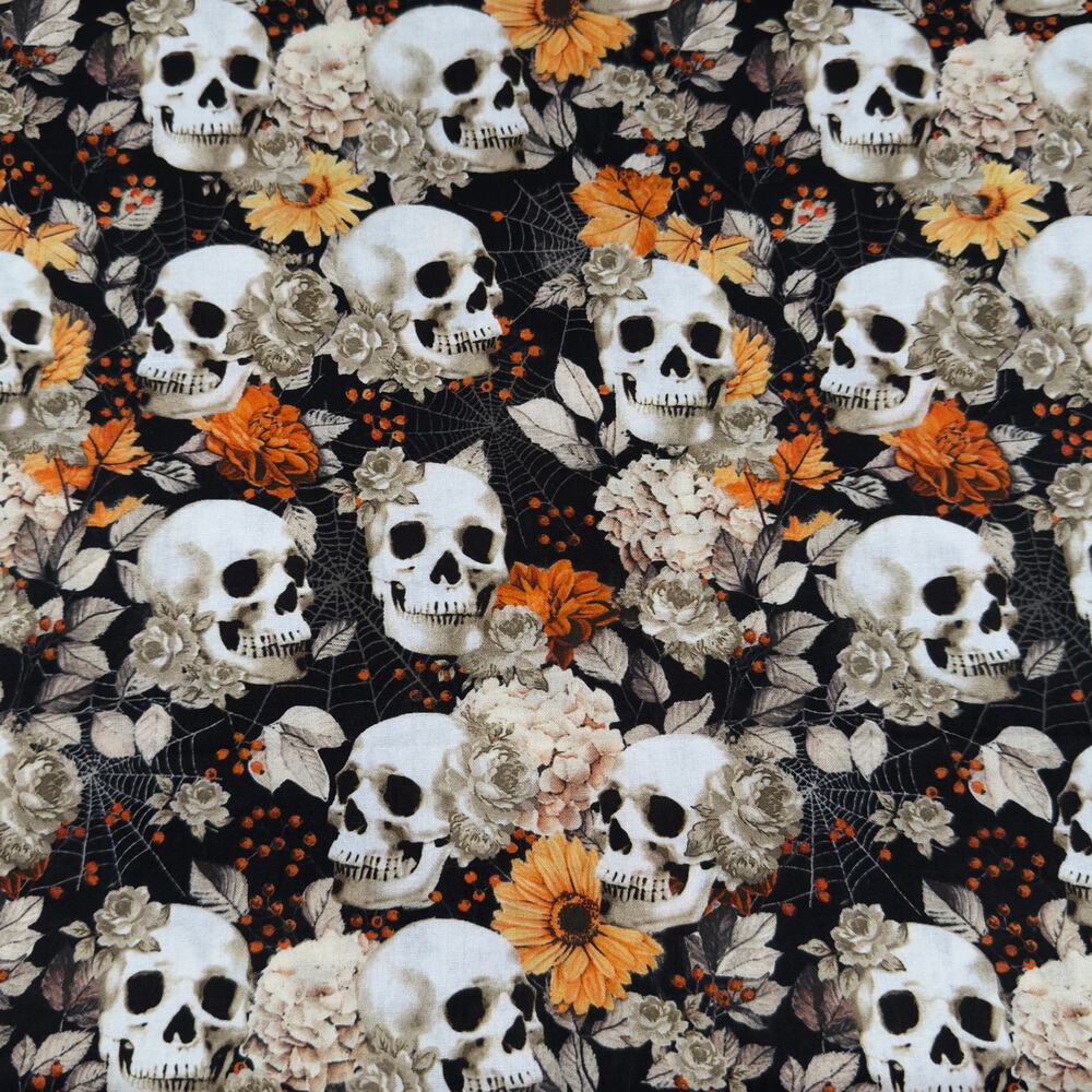 Halloween Skulls, Spider Webs & Fall Sunflower Floral Cotton Fabric - 1/2 Yard